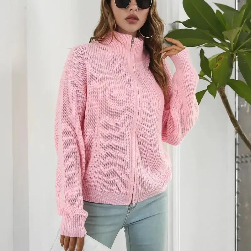 Women's Knitted Jacket - Stand-up Collar, Zipper Closure & Puff Sleeves