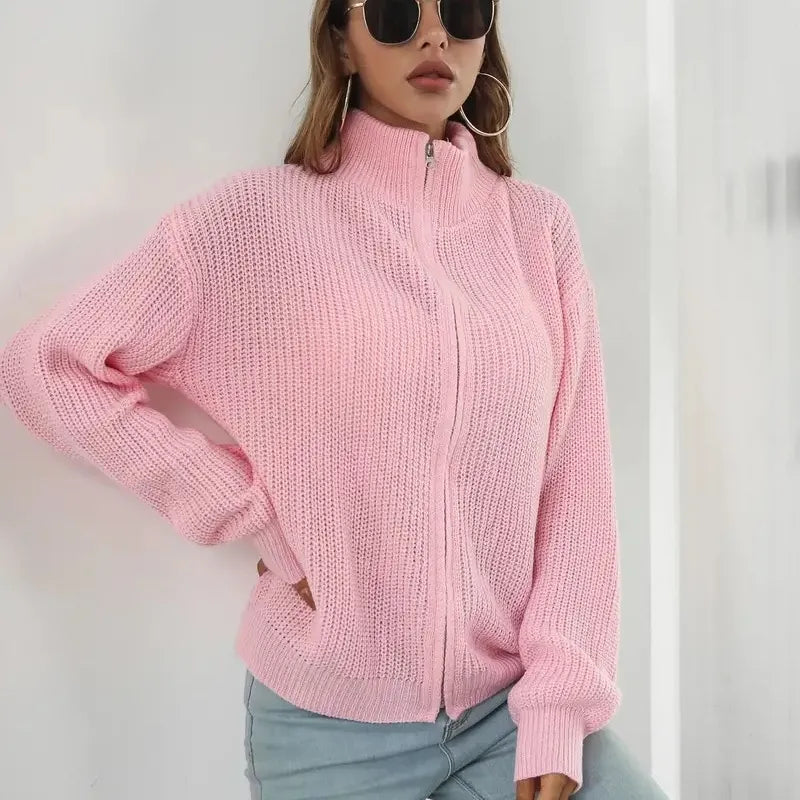 Women's Knitted Jacket - Stand-up Collar, Zipper Closure & Puff Sleeves