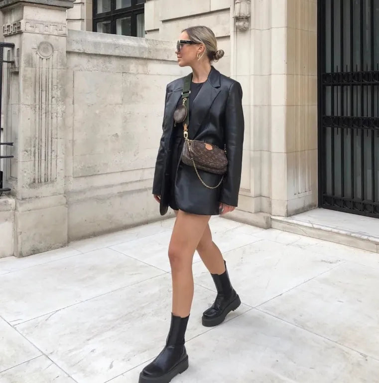 Women's Faux Leather Blazer Jacket - Elegant and Structured