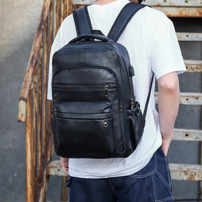 Men's Business Backpack - Waterproof Faux Leather, USB Port, 15.6" Compartment
