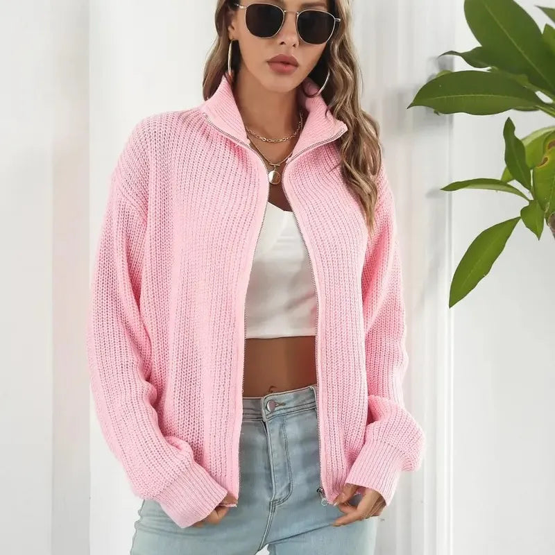 Women's Knitted Jacket - Stand-up Collar, Zipper Closure & Puff Sleeves