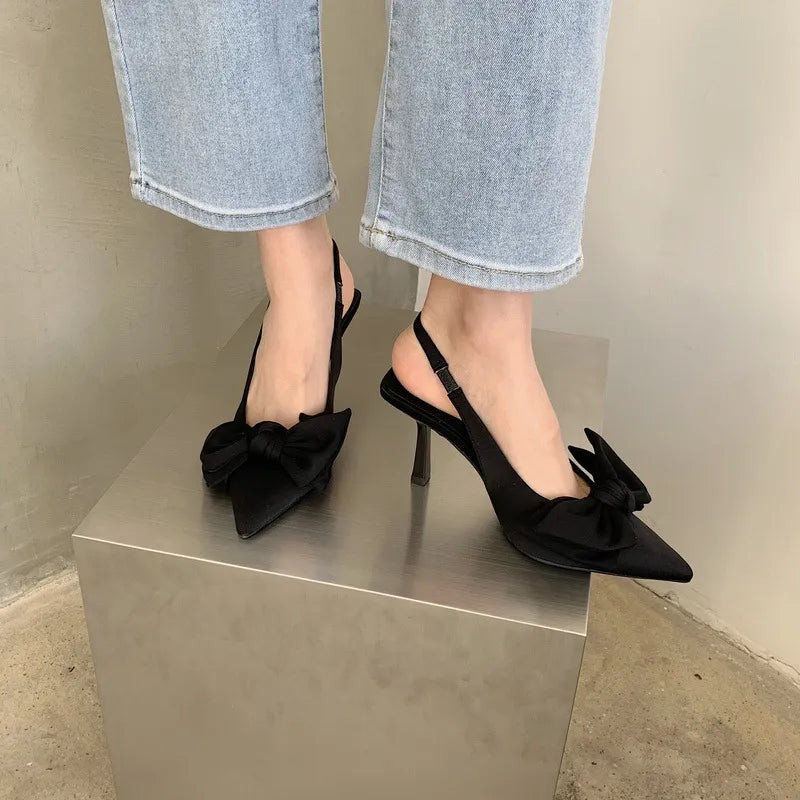 Women's Slingback Pumps - Bow Detail & Stiletto Heel