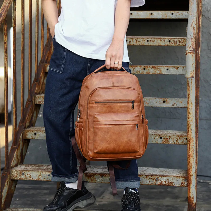 Men's Business Backpack - Waterproof Faux Leather, USB Port, 15.6" Compartment