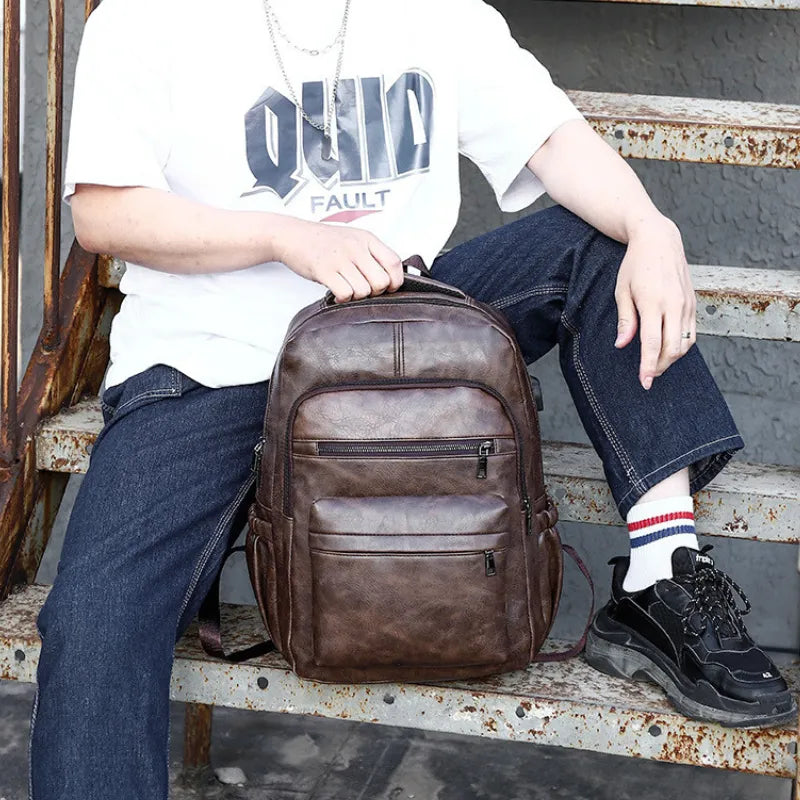 Men's Business Backpack - Waterproof Faux Leather, USB Port, 15.6" Compartment